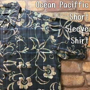 *USA direct import!!* translation equipped Vintage goods *[Op Ocean Pacific ] check × floral print to rival style short sleeves shirt [ men's L] khaki K2-952