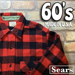 ★稀少★60s vintage★USA製★【Sears シアーズ】マチ付き バッファローチェック 肉厚 ウールシャツ【US L】赤×黒 ストア オールド K3-272