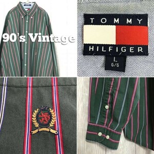 ★アメリカ直輸入!!★正規品★[TOMMY HILFIGER トミーヒルフィガー]マルチストライプ柄 刺繍 長袖 ボタンダウンシャツ[メンズ L]緑 K-487