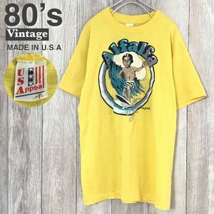 ◎80's◎USA製◎[USAppeal]Alfalfaプリント 1985コピーライト入り 半袖 ヴィンテージTシャツ[メンズ L]黄 ビーチスタッフ サーフィン K-870