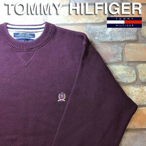 ★USA直輸入★状態良好!!★正規品★【TOMMY HILFIGER トミーヒルフィガー】バーガンディ 刺繍ロゴ コットンセーター[海外 L]エンジ K3-144