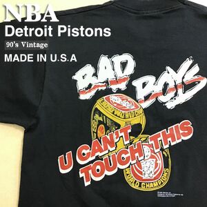 ★美品!!90's vintage USA製★[SCREEN STARS]NBA デトロイト ピストンズ BAD BOYS 両面 半袖 Tシャツ[メンズ L]黒 HAMMER TIME 1990 K2-494