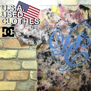 ★USA直輸入!!★レア1点物★【DC SHOES】BIG筆記体ロゴ 渋染め 半袖 Tシャツ[海外規格 M] 黒 紫 茶 タイダイ染め サーフ ストリート K3-032