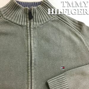 ★USA直輸入!!★正規品★【TOMMY HILFIGER トミーヒルフィガー】刺繍ロゴ フルジップ コットンニット ジャケット【メンズ L】サンド K2-692