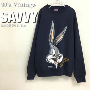 ★90’s USA製★【SAVVY×ルーニーテューンズ×ノートダム大学フットボールチーム】BIGバッグスバニー 長袖 スウェットシャツ[L] 紺 K2-682