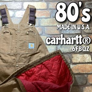 ★80s USA製★【carhartt カーハート】星タグ ユニオンチケット付き キルティングライナー Wニーオーバーオール【38×30】BRN 茶 赤 K3-419