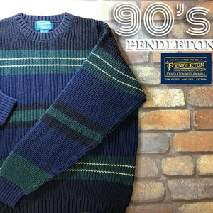 ★レア品★90’s vintage★★正規品★【PENDLETON ペンドルトン】ローゲージ マルチボーダー コットンセーター[海外 M] 緑 紺 黒 K3-164