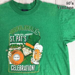 ◎80's◎Vintage◎USA製!!◎[SNEAKERS スニーカーズ] Houlihan's 1986 St. Pat's 半袖 Tシャツ[XL 46-48]緑 お祝い ビール 世界記録 K-879