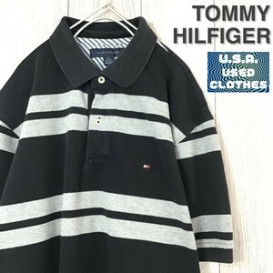 ★訳アリ格安!!★正規品★【TOMMY HILFIGER トミーヒルフィガー】マルチボーダー 刺繍ロゴ 半袖 ポロシャツ【海外 L】黒 グレー K-673