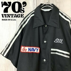 ★70's★USA製★良品★【Hilton ヒルトン】チェーン刺繍 ラグラン 半袖 ボウリングシャツ[メンズ M]黒 NAVY ユニフォーム ビンテージ K-622