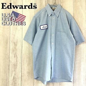 ★美品★稀少メンズSサイズ★【Edwards】ネームプレート付 オックスフォード ボタンダウン 半袖 ワークシャツ[海外 S]青 アメカジ K-499