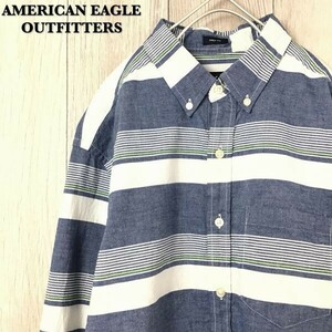 ★稀少メンズSサイズ★美品!![AMERICAN EAGLE アメリカンイーグル]マルチボーダー柄 コットン ボタンダウンシャツ ブルー 白 サーフ K-542