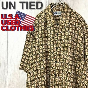 ★USA直輸入!!★良品★【UNTIED アンタイド】タイガーアイ風 総柄 ビンテージ 半袖 シャツ[メンズ L]茶 ベージュ 柄シャツ リゾート K-697