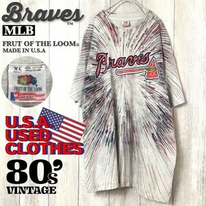 ★大きいサイズ★80's vintage★USA製★[FRUIT OF THE LOOM]MLB Braves 全面プリント 半袖 Tシャツ[XL]グレー 野球 メジャーリーグ K-665