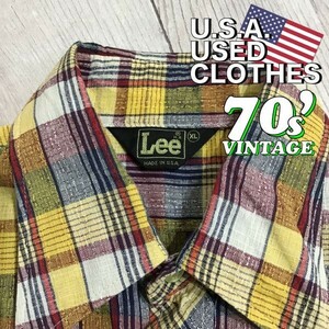 ★稀少★70's vintage USA製★【Lee リー】黒タグ チェック柄 ワイドカラー 長袖 オールドシャツ[メンズ XL]黄 赤 ビンテージ レトロ K-355