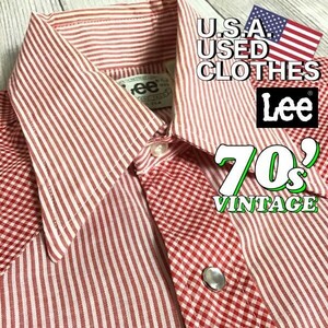 ★稀少!!★70’s vintage★USA製★【Lee リー】ギンガムチェック×ストライプ オールド ウエスタンシャツ 赤×白 70年代 長襟 レトロ K-461