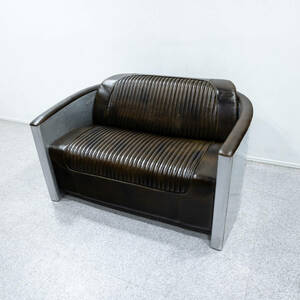 [ exhibition goods ] Vintage sofa 2 seater . leather in dust real Brown 