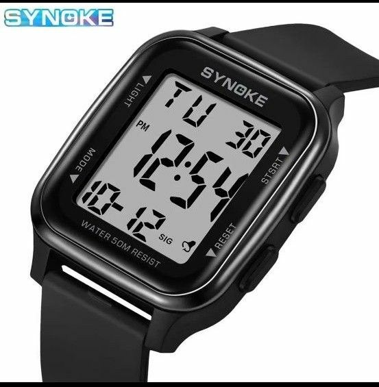 新品未使用 SYNOKE デジタル腕時計 大型液晶 大型文字 デジタルストップウォッチ スクエア 防水 ブラック