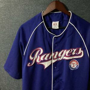 【古着】TRUE FAN MLB オフィシャル テキサスレンジャーズ ユニフォーム ベースボールシャツ L メンズ 半袖 ゲームシャツ ブルー