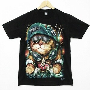 送料無料 0214 新品 半袖Tシャツ ネコ ねこ 猫 DJ ヒップホップ ラップ ダンス 両面プリント 黒 メンズM レディースL 男女兼用■TB364