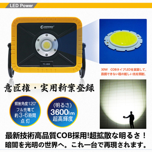 【1年保証】【意匠権登録】LED投光器 30W 充電式ライト 作業灯 超強力マグネット 電池交換式 防災グッズ 夜間作業 送料無料 YC-05W