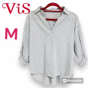 VIS レディース　カットソー　七分袖　ストライプ　シャツ　パフスリーブ　M