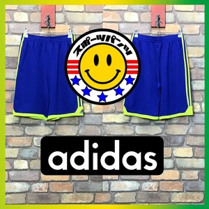 SP1-375★海外限定★好配色・ブルー×ネオンイエロー★【adidas アディダス】3ストライプ ハーフパンツ【ユース L 150-160】子供 スポ少