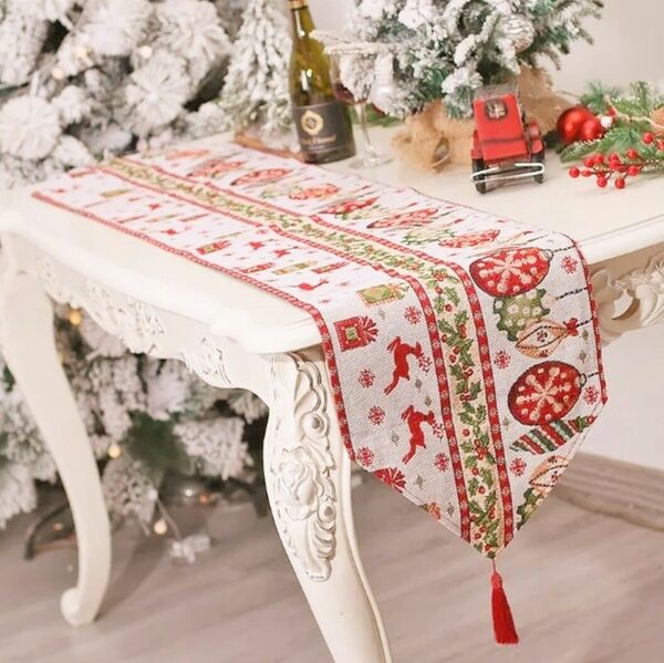 クリスマス テーブルランナー トナカイ 白 北欧風 タペストリー 飾り人気 