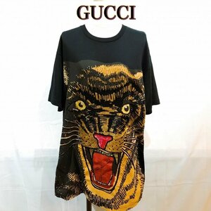 ＧＵＣＣＩ タイガー 虎 半袖Ｔシャツ オーバーサイズ グッチ ユニセックス ロング丈 ＸＳ 刺繍 黒 ビジュウ 洋品婦人服/269