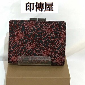 未使用 印傳屋 日本製 甲州印伝 指定伝統的工芸品 黒 花 ＩＮＤＥＮ－ＹＡ がま口 ２つ折り財布 印伝革 鹿なめし革 鞄/269