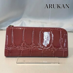 中古 ＡＲＵＫＡＮ アルカン レディース ウォレット エナメル クロコ型押し Ｌ字ファスナー 長財布 ピンク 鞄/252