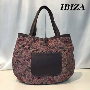 中古 ＩＢＩＺＡ イビザ レディース ゴブラン織り風 レザー ハンドバッグ トートバッグ ピンク パープル 花柄 鞄/252