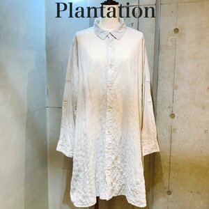 日本製 Ｐｌａｎｔａｔｉｏｎ ボタンシャツ 長袖 ハイ＆ロー プランテーション サイズＭ ロングシャツ ライトグレー 洋品婦人服/269