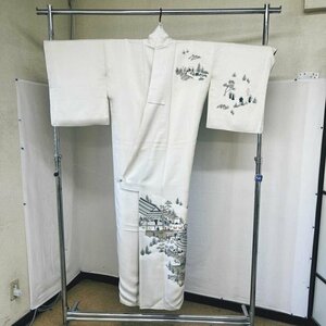 付け下げ 袷 正絹 着物 八掛墨ぼかし 付け下げ 手書き風 芝居小屋 人間模様 白地 着物/269