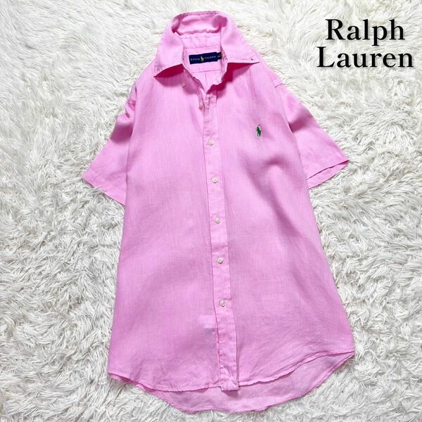 ラルフローレン　レディース　リネン　麻　ショートスリーブシャツ　半袖　ポニー刺繍　ピンク　XL相当　着用感のない美品　大きいサイズ