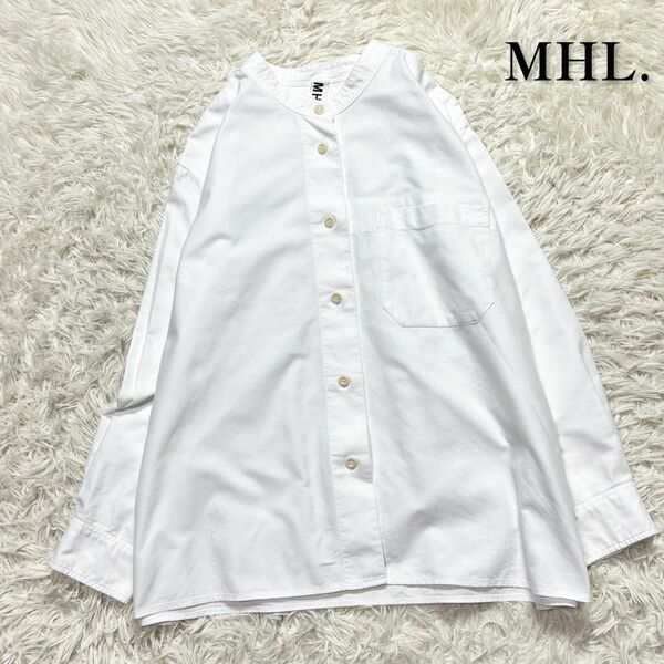 マーガレットハウエル　MHL. レディース　バンドカラー ロングスリーブ シャツ　コットン　ホワイト　XL相当　美品