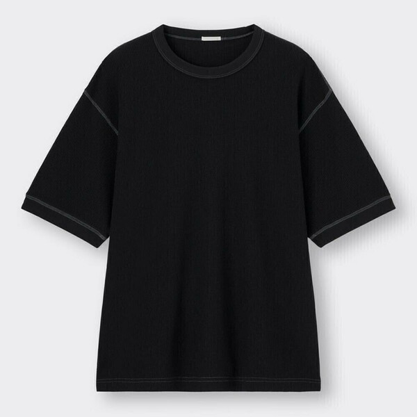 メンズ Mサイズ 新品 ワッフルTシャツ ステッチ 5分袖 ブラック 黒 GU 綿81% 男女兼用 送料無料