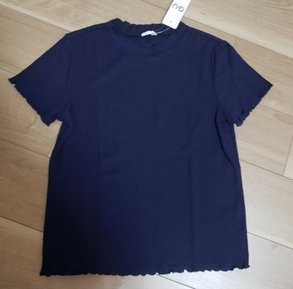 Lサイズ 新品 未使用 ジャカード フリルネックTシャツ ネイビー 紺 カットソー 半袖 GU ジーユー 送料無料　