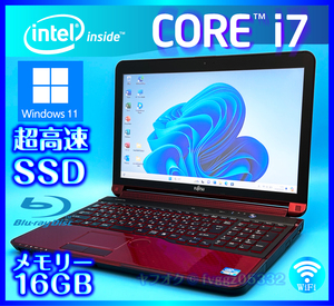 富士通 SSD 新品 1TB (1000GB) +外付HDD 750GB 大容量メモリ 16GB Windows11 Core i7 レッド Office2021 Webカメラ ノートパソコン AH77/E