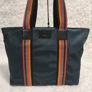 1 jpy [ ultimate beautiful goods ]A4 high capacity Paul Smith Paul Smith multi stripe tote bag handbag nylon leather Logo men's navy 