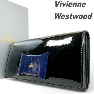 Vivienne Westwood ヴィヴィアンウエストウッド 長財布 折り財布 エナメル リボン ブラック 紺 レディース ゴールドオーブ 大容量 財布