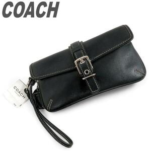 未使用 COACH コーチ ポーチ 小物入れ 手提げ ブラック レザー フラップ式 かぶせ鞄 リストポーチ お出掛け 散歩 メンズ レディース