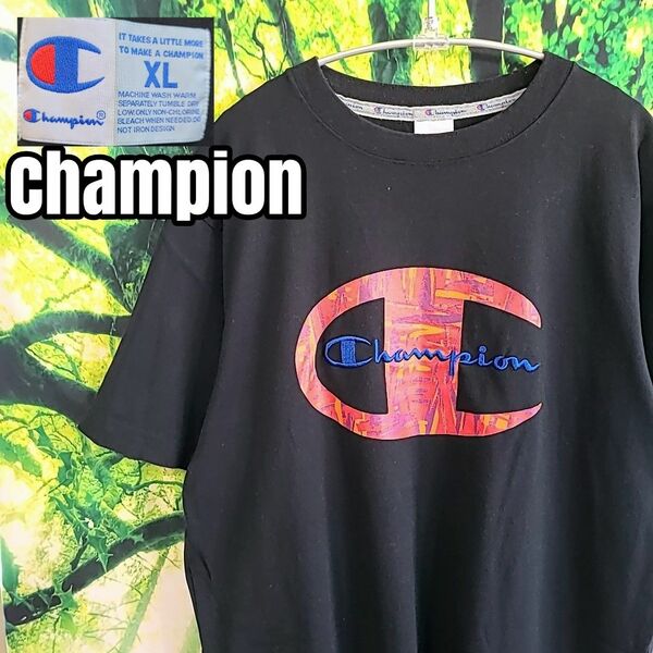 チャンピオン Champion ブラック 黒 ビッグロゴ 刺繍 XLサイズ Tシャツ Hanes 半袖 半袖Tシャツ L サイズ
