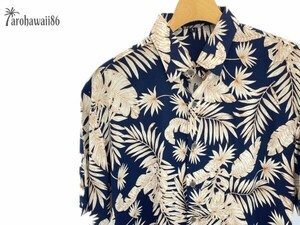 arohawaii86◆AH-4032 M【Palm Paradise/ネイビー系】半袖シャツ/夏/ヴィンテージ/アロハシャツ/柄シャツ☆1スタ☆１円スタート☆