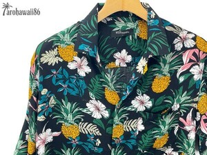 arohawaii86◆AH-0172 M【Pineapple Flower/ブラック】半袖シャツ/夏/ヴィンテージ/アロハシャツ/柄シャツ☆1スタ☆１円スタート☆