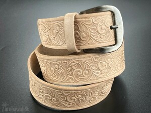 arohawaii86*HB-032B original leather # Carving * natural / beige futoshi leather belt wild / casual new goods *1 start *1 jpy start *