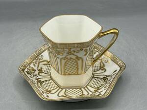 ... Old Noritake cup & saucer flower hexagon gold point . gold paint ceramics Noritake hand ..M seal cup and saucer (12-4)