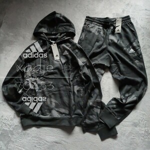  new goods regular goods adidas Adidas top and bottom set sweat setup gray charcoal black black Logo embroidery total pattern camouflage thin XL