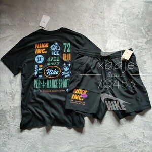 新品 正規品 NIKE ナイキ上下セット Tシャツ ハーフパンツ ロゴ プリント セットアップ NIKE INC 黒 ブラック マルチ 2XL XXL