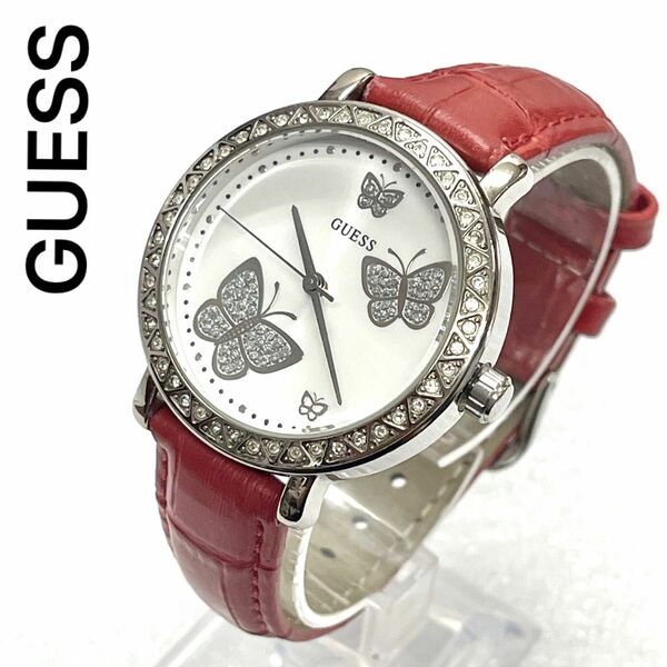 稼働　美品　GUESS 腕時計　レディース　ユニセックス　革ベルト　3針　ストーンベゼル　チョウ　宝飾時計　シルバー　ゲス　時計